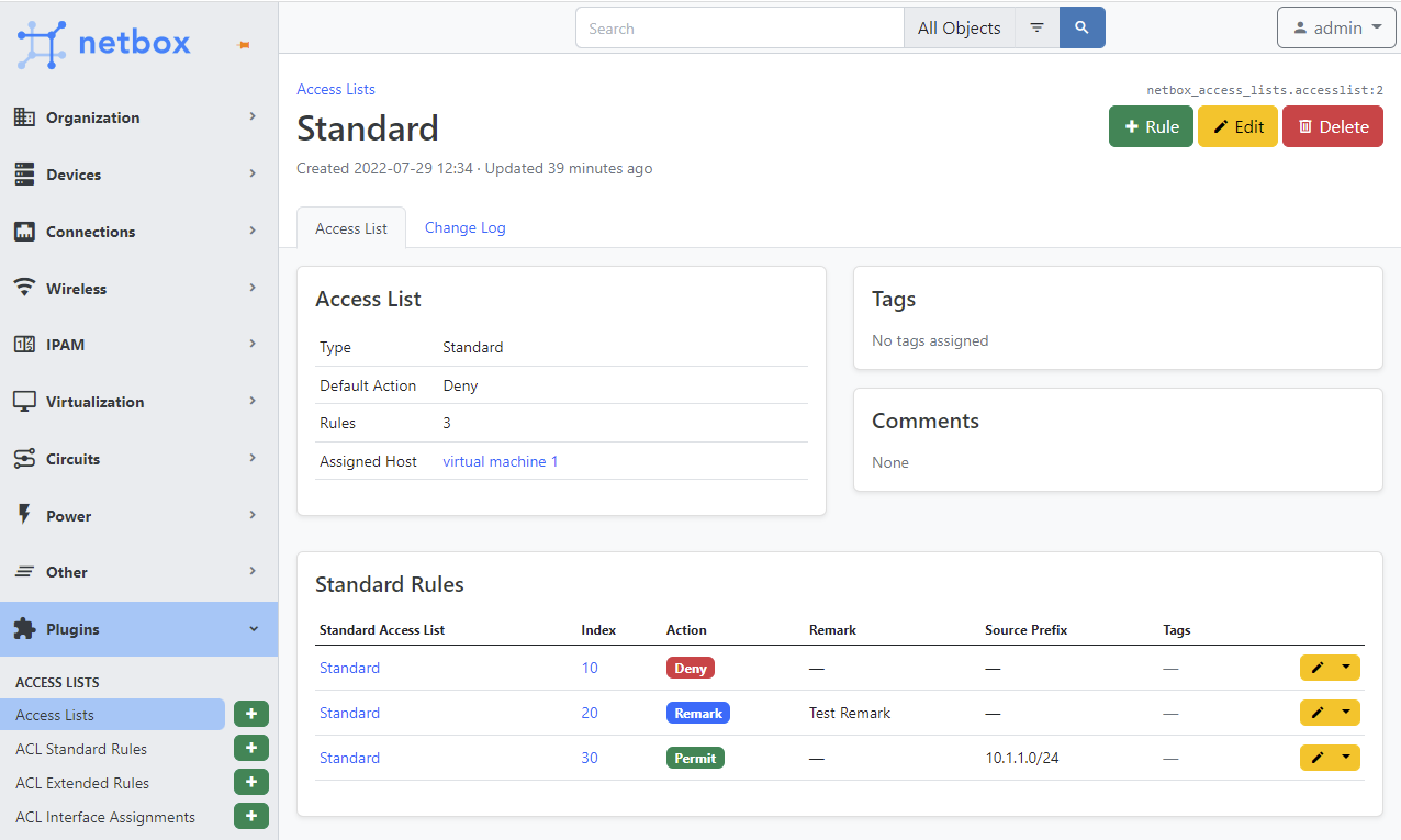 Access List Type Standard - Individual View