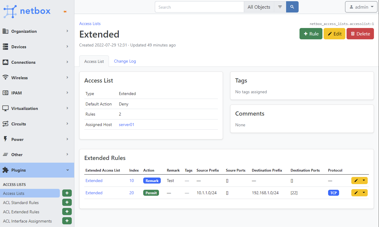 Access List Type Extended - Individual View